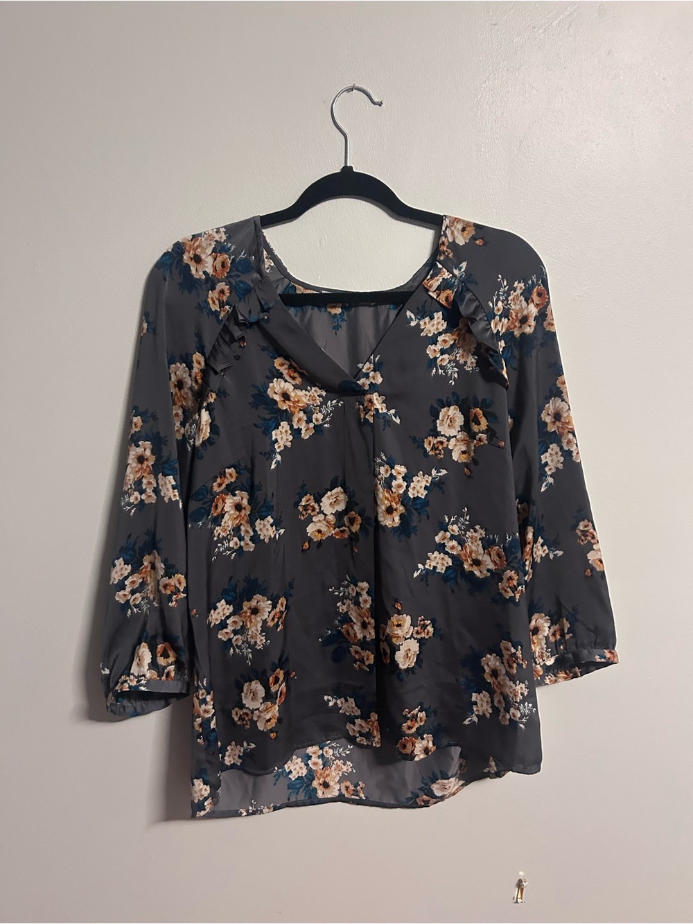 Daniel Rainn Floral Blouse in Slate Gray, Teal, and Cream